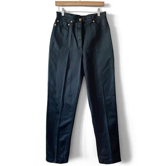 Vintage 90s VALENTINO Boutique Black Polished Cotton High-Waist Pants Made Italy - Picture 2 of 11